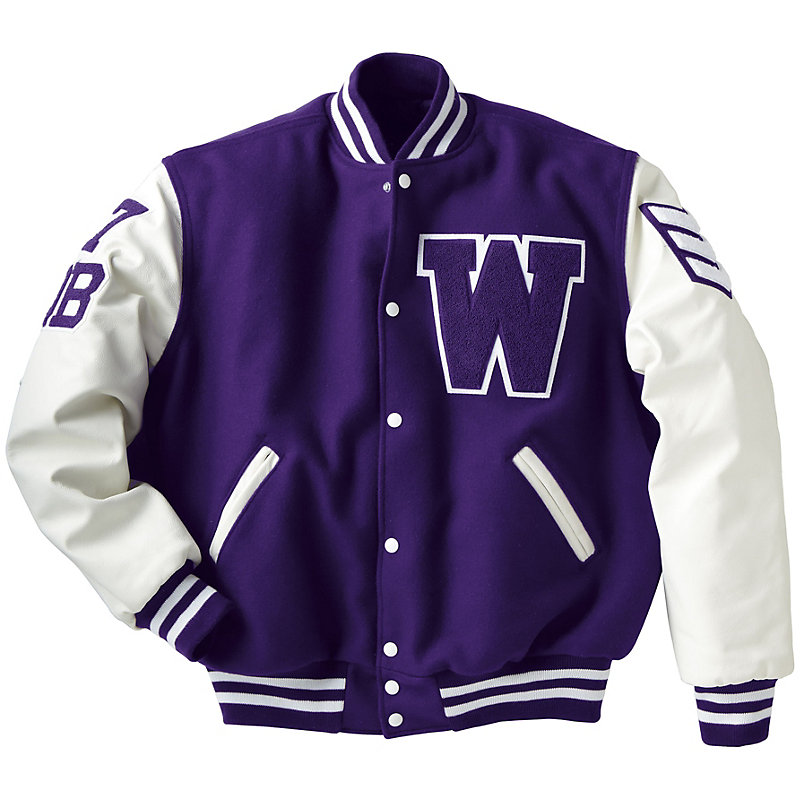 White Leather & Violet Purple Gold Wool Varsity Letter Jacket -  LetterCustom® Custom Varsity Apparel